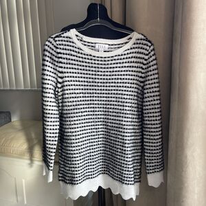 Elle Sweater Tunic Black Striped Soft Fuzzy And White Scalloped Hem M